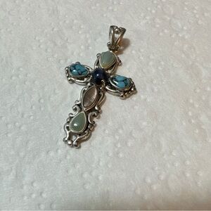 Vintage Sterling Silver Cross With Multicolored Gemstones 1.75 Inches Signed